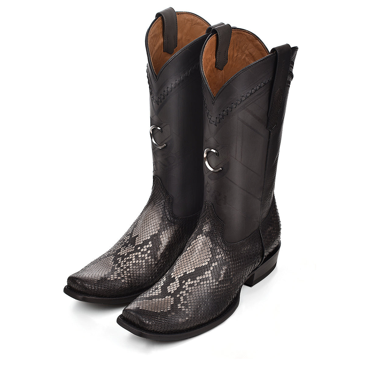 Cuadra Black Python Laser Embroidery Square Toe CU553
