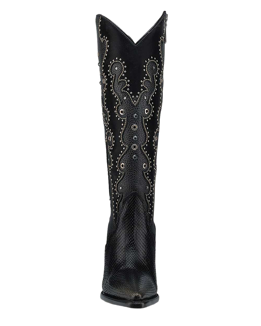 Black Python Embroidery & Studs & Zipper Pointed Toe