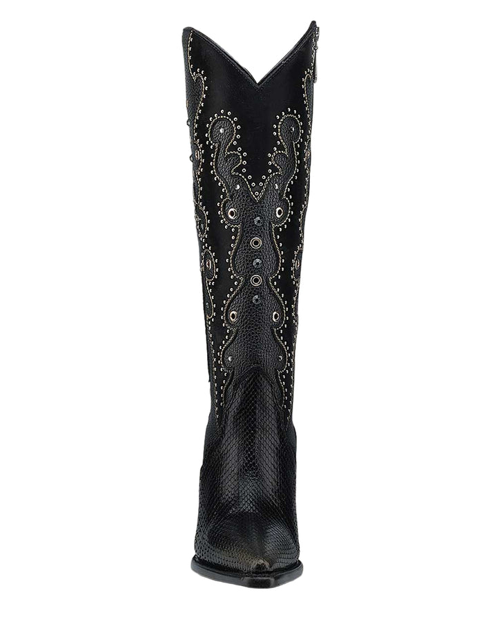 Black Python Embroidery & Studs & Zipper Pointed Toe